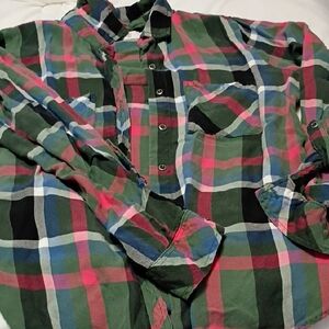 Casual Green and Pink Plaid Button Down Shirt
